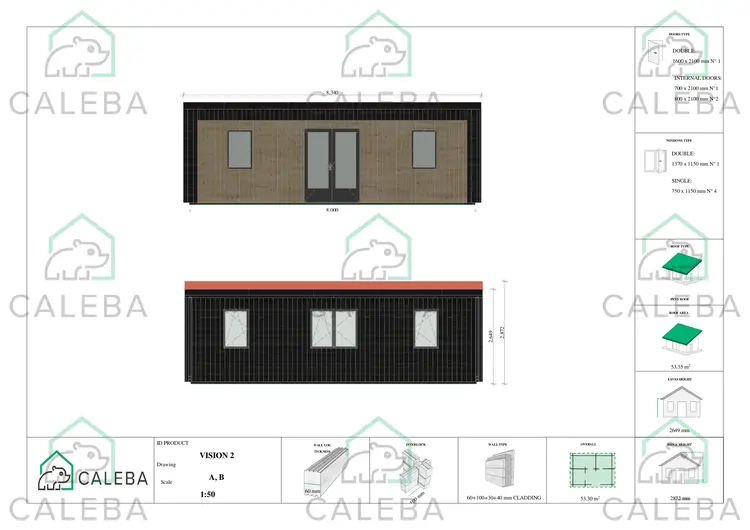 Bungalow di legno VISION 2 con patio 53.30 m², lati A/B