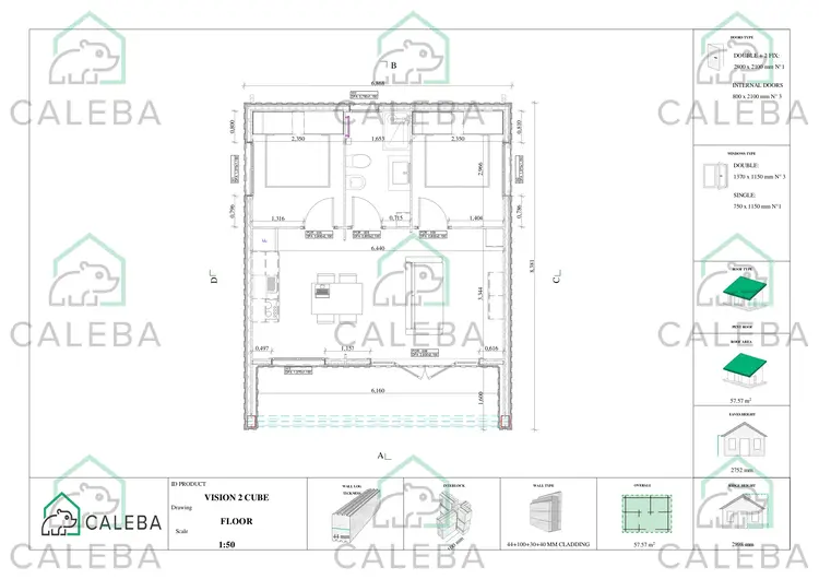Bungalow di legno VISION 2 CUBE "C" con patio 57.57 m², planimetria