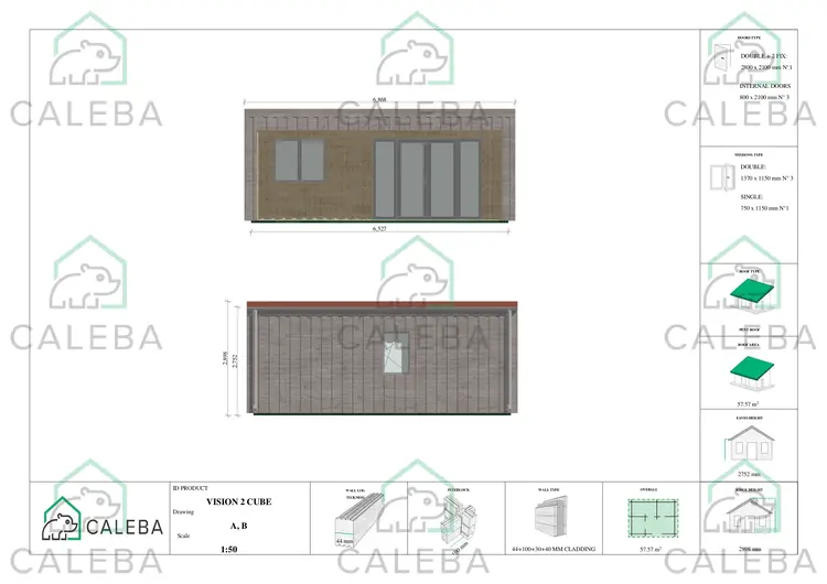 Bungalow di legno VISION 2 CUBE "C" con patio 57.57 m², lati A/B