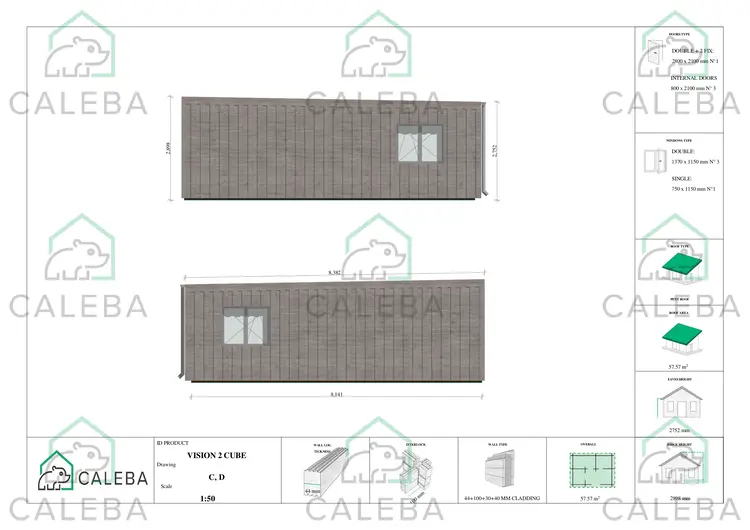 Bungalow di legno VISION 2 CUBE "C" con patio 57.57 m², lati C/D