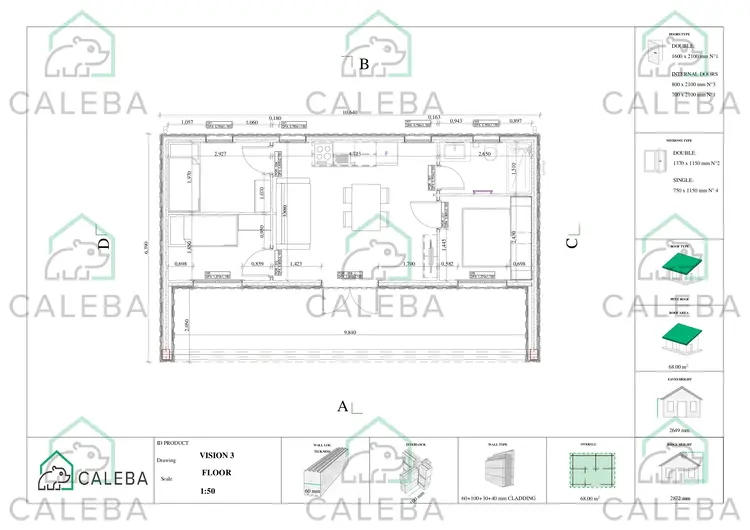 Bungalow in legno VISION 3 con patio 68 m², planimetria