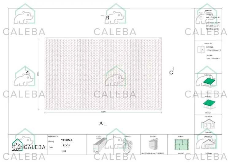 Bungalow in legno VISION 3 con patio 68 m², pianta copertura