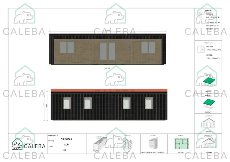 Bungalow in legno VISION 3 con patio 68 m², lati A/B