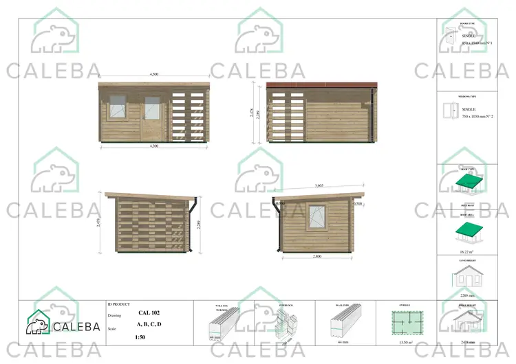 Casa in legno da giardino LISA 13m², lati A/B/C/D