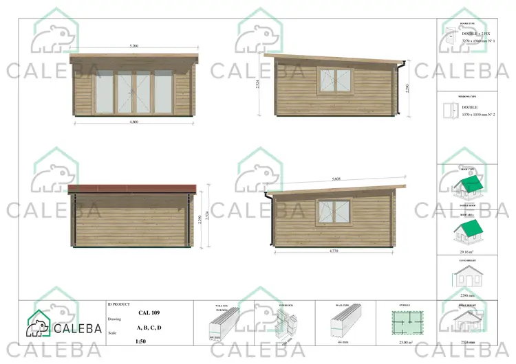 Casetta in legno ELISA 25 m², lati A/B/C/D
