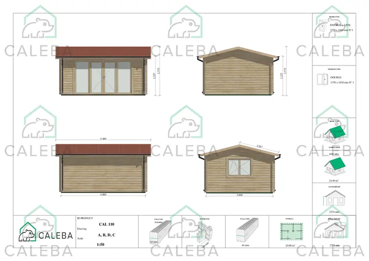 Casa in legno da giardino JESSICA 20 m², lati A/B/C/D