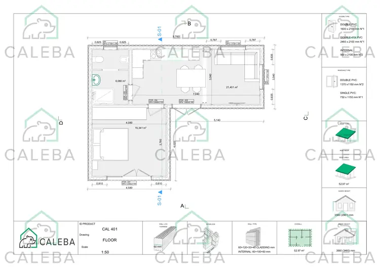 Casa prefabbricata tetto piano YARA 53 m², planimetria