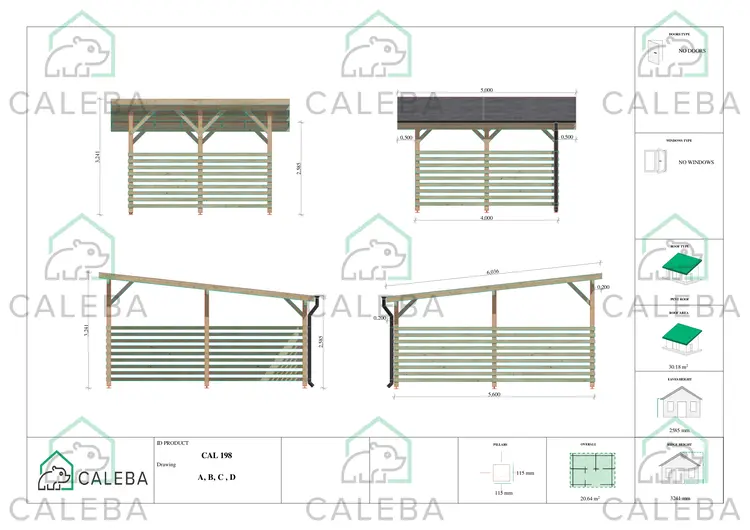 Tettoia di legno con chiusura parziale 22.4 m², lati A/B/C/D