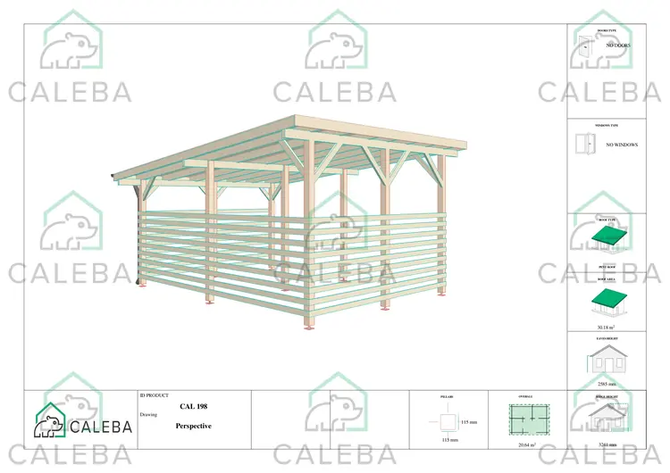 Tettoia di legno con chiusura parziale 22.4 m², lati B/D