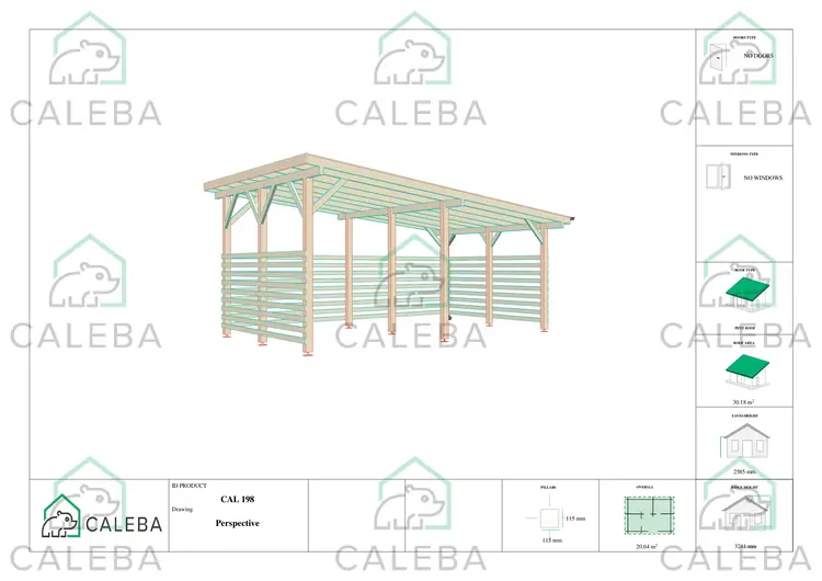 Tettoia di legno con chiusura parziale 22.4 m², lati A/D