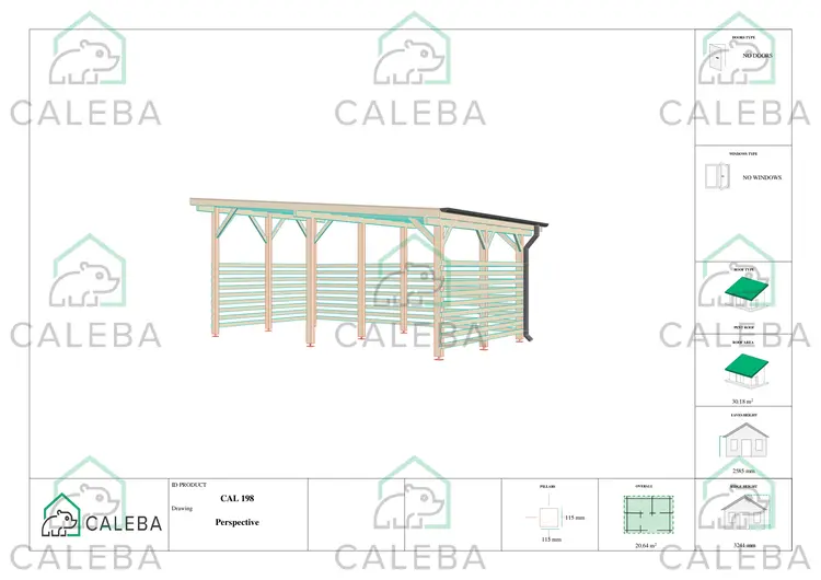 Tettoia di legno con chiusura parziale 22.4 m², lati A/C
