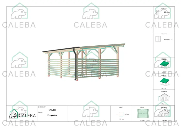Tettoia di legno con chiusura parziale 22.4 m², lati B e D