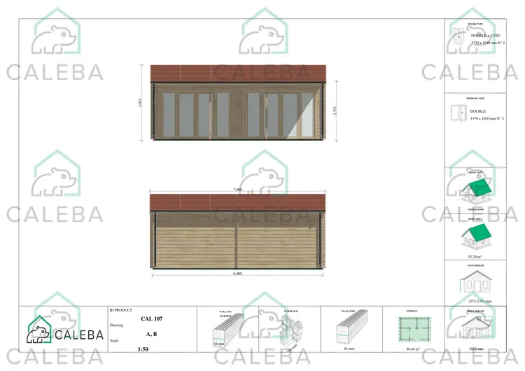 Casa di legno con portico 35 m² DENISE, lati A/B