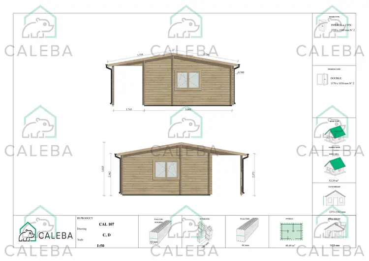 Casa di legno con portico 35 m² DENISE, lati C/D