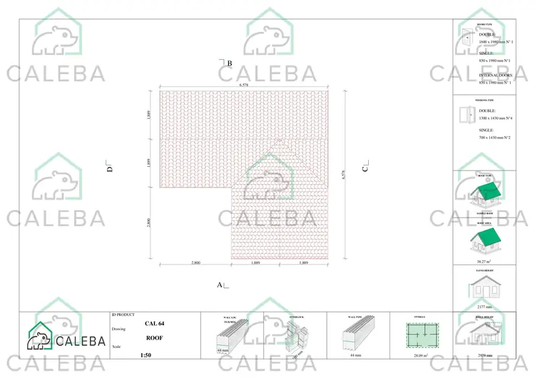 Casetta da giardino con veranda con 2 stanze SUSANNA 28.09 m², pianta copertura