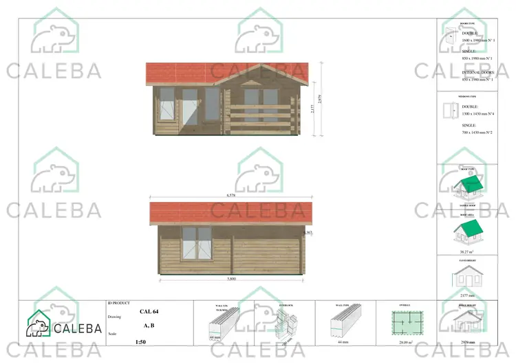 Casetta da giardino con veranda con 2 stanze SUSANNA 28.09 m², lati A/B