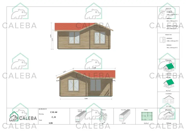Casetta da giardino con veranda con 2 stanze SUSANNA 28.09 m², lati C/D