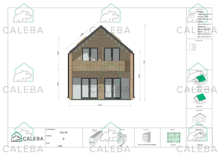Casa di legno prefabbricata con cladding PENELOPE, lato A