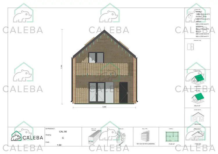 Casa di legno prefabbricata con cladding PENELOPE, lato D