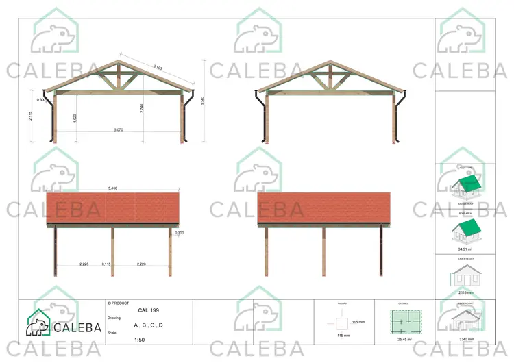Tettoia in legno 25 m², lati A/B/C/D