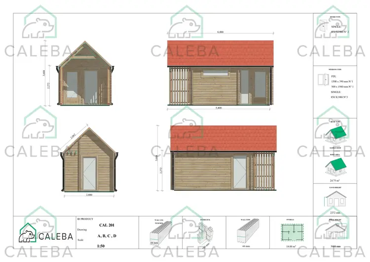 Casetta da giardino NINA 18 m², lati A/B/C/D