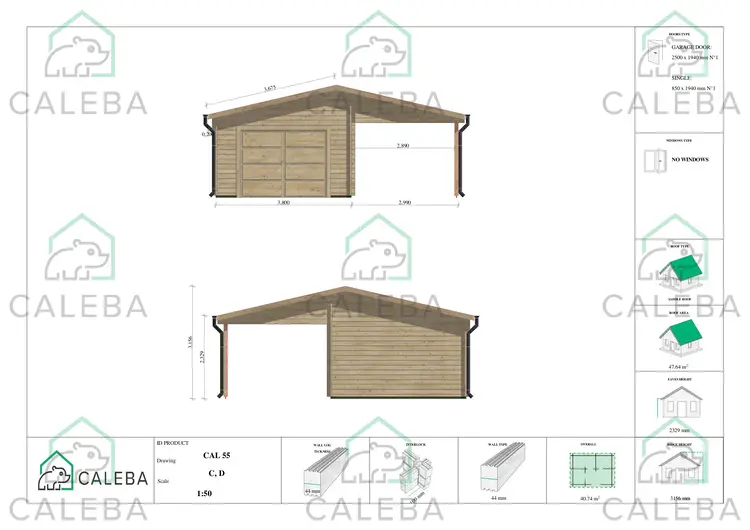 Garage in legno SINGOLO con tettoia 40.74 m², lato C/D