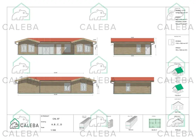 Casa in legno prefabbricata a ferro di cavallo AMBRA, lati A/B/C/D