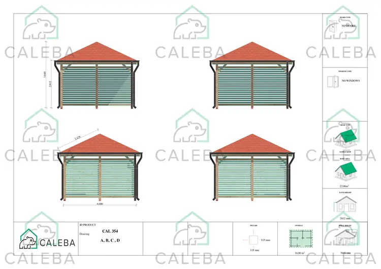 Gazebo in legno OLIVIA 16 m², lati A/B/C/D