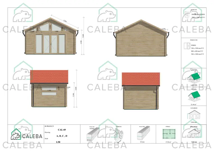 Casa in legno da giardino VIVIENNE 17.5 m², lati A/B/C/D