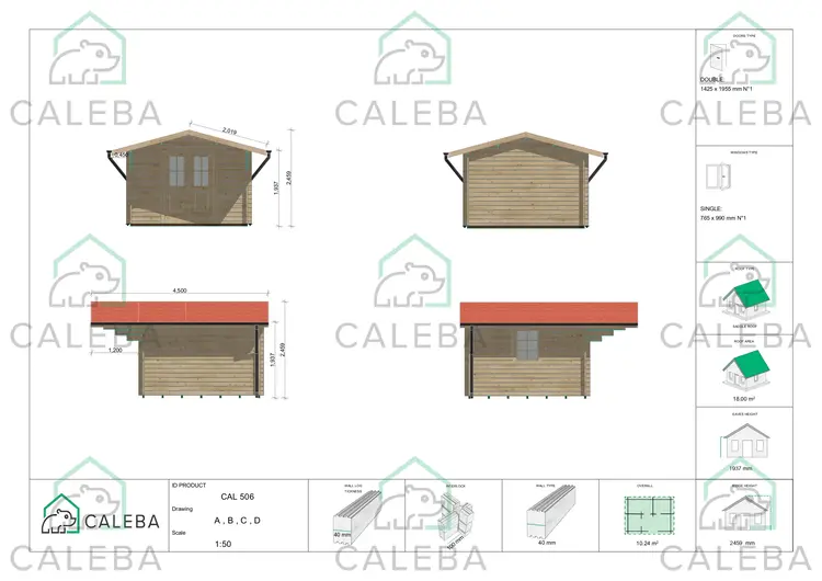 Casa in legno da giardino SALLY 10 m², lati A/B/C/D