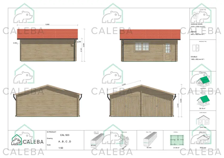 Garage di legno doppio 30 m², lati A/B/C/D