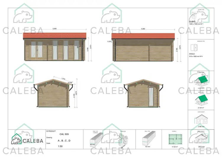 Casetta in legno ZAIRA 17 m², lati A/B/C/D