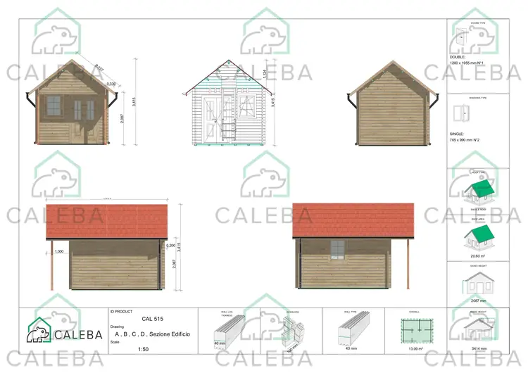 Casa in legno da giardino LALLA 13.09 m², lati A/B/C/D