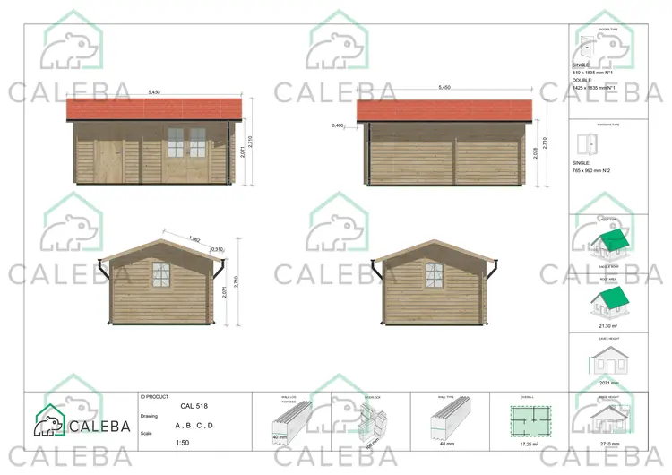 Casetta in legno LUNA 17 m², lati A/B/C/D