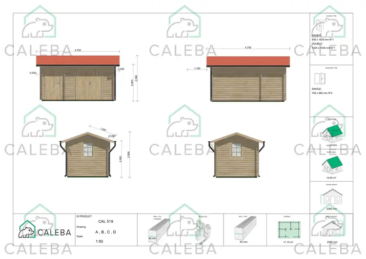 Casa in legno da giardino BETTA 10 m², lati A/B/C/D