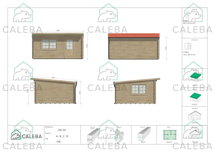 Casa in legno da giardino DESY 20 m², lati A/B/C/D
