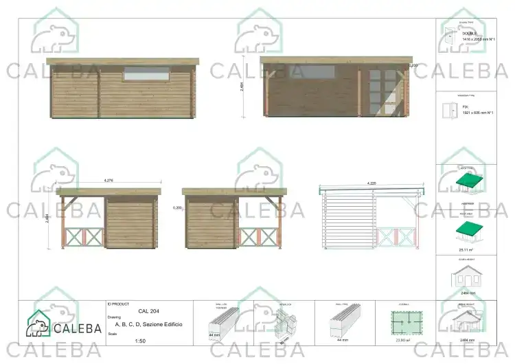 Casetta in legno ASIA 24 m², lati A/B/C/D