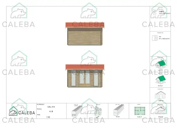Casetta in legno GABRIELLA 12 m², lati A/B