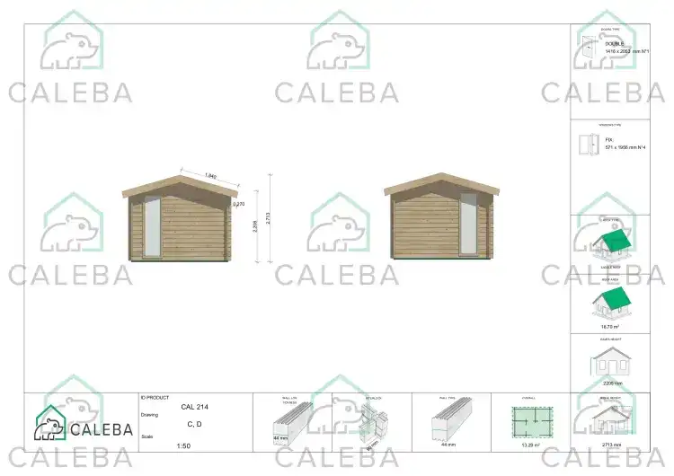 Casetta in legno GABRIELLA 12 m², lati C/D