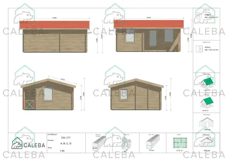 Casetta in legno ZOE 28 m², lati A/B/C/D