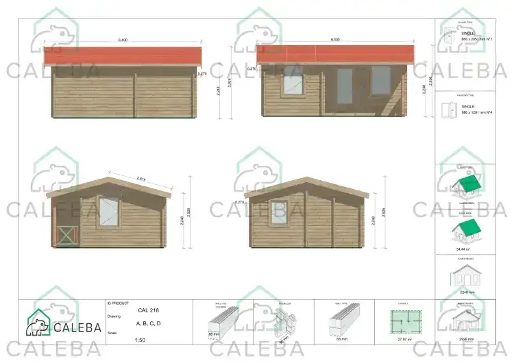 Casa in legno da giardino ZOE 28 m², lati A/B/C/D
