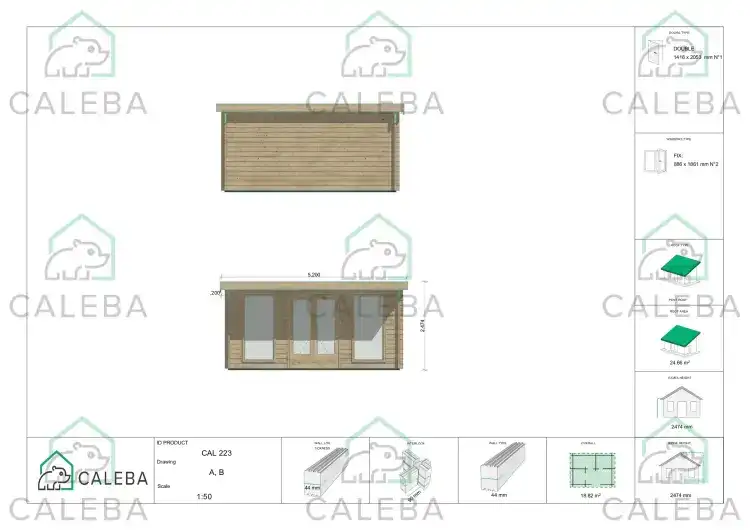 Casetta in legno ILENIA 20 m², lati A/B