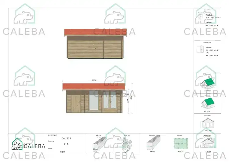 Casetta in legno SARA 15 m², lati A/B