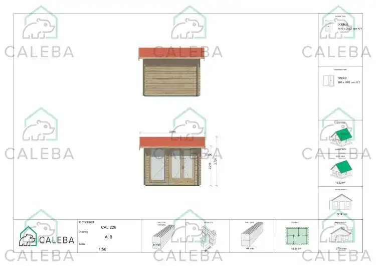 Casa in legno da giardino AMELIA 3x3, lati A/B
