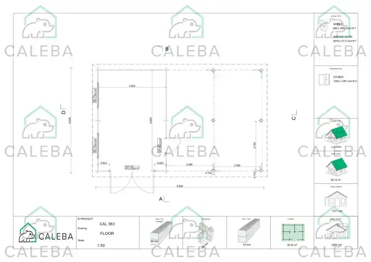 Tettoia doppia in legno con garage singolo 55 m², planimetria