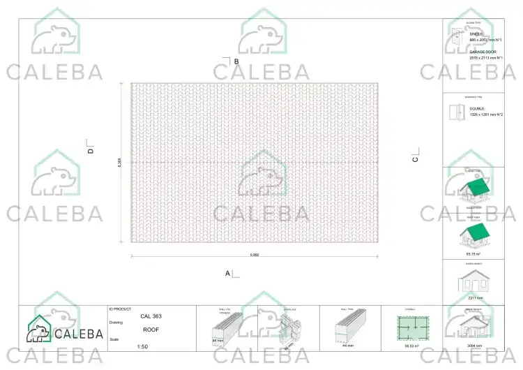 Tettoia doppia in legno con garage singolo 55 m², pianta copertura
