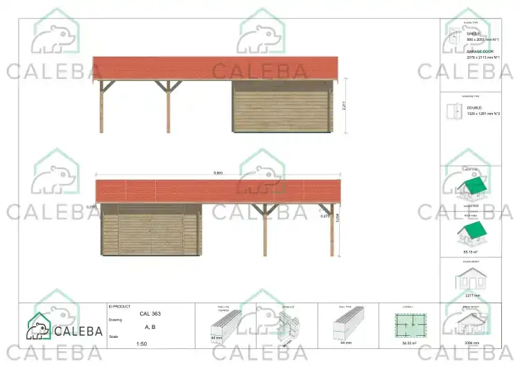 Tettoia doppia in legno con garage singolo 55 m², lati A/B