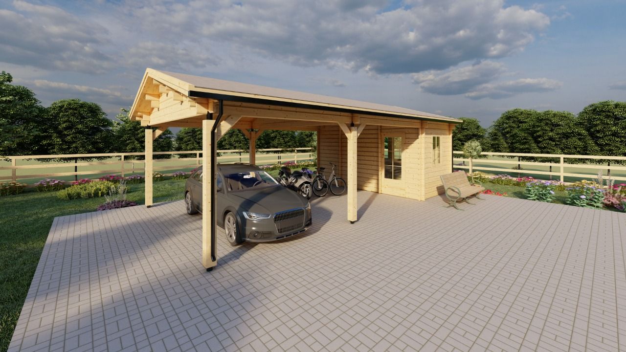Tettoia auto in legno DOPPIA + ripostiglio 6x7.75, 46.5 m²